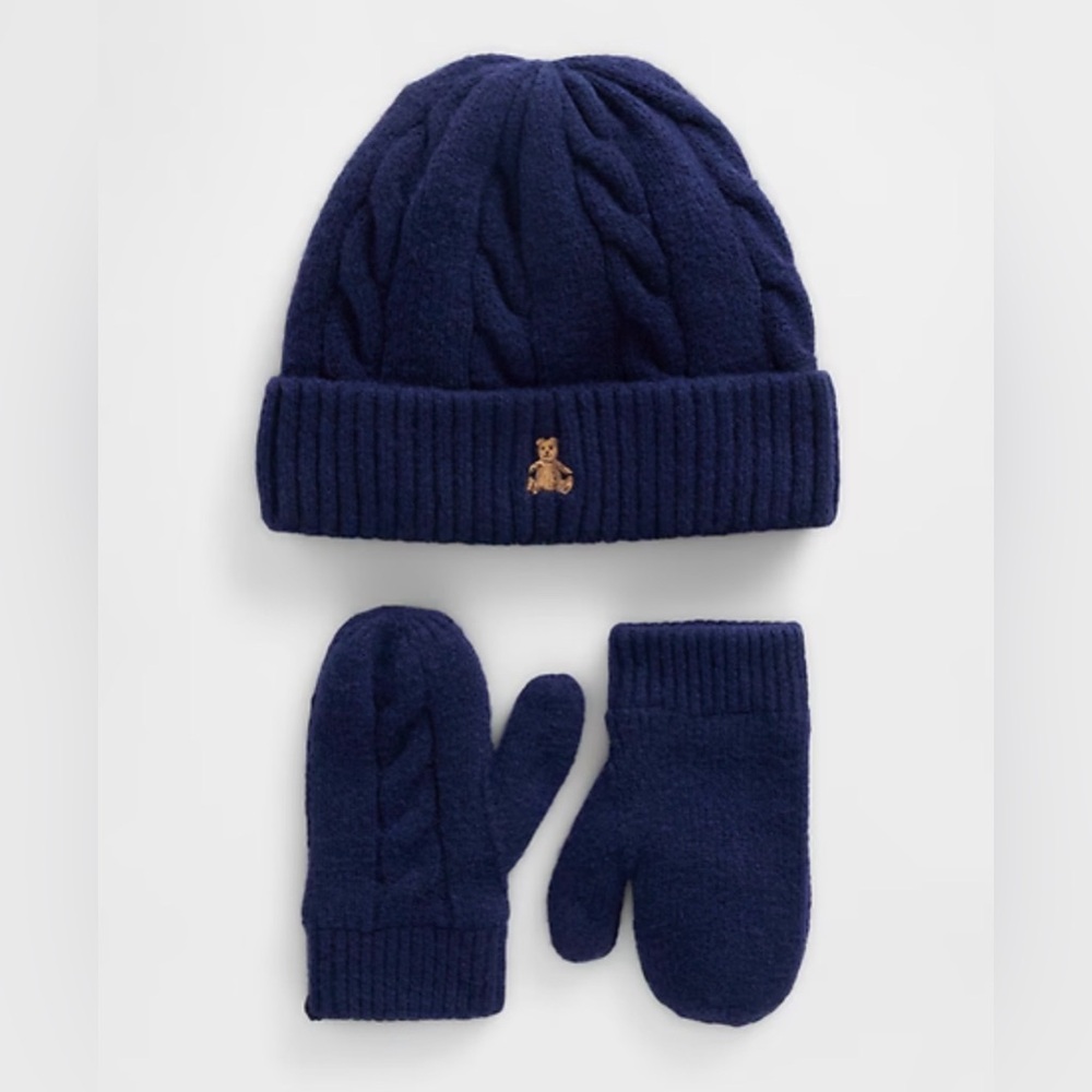 Gap Baby & Toddler CashSoft Cable-Knit Beanie & Mittens Set (12-24m Navy)